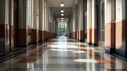 Naklejka premium Elegant Corridor With Brown And White Marble Floors Reflecting Sunlight Under A Row Of Overhead Lights And Columns