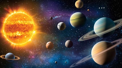 Planet of the Solar System. Space with Saturn, isolated Sun, Jupiter, Mercury and Moon, Venus and Mars, astronomical dust, interior educational astronomy poster. Vector external planetarium starry set