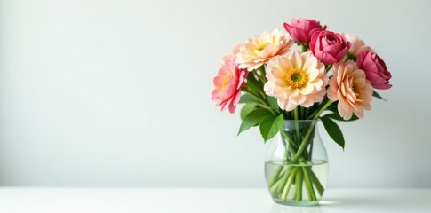 Fototapeta premium Floral arrangement in a simple vase on a white background, green, vase