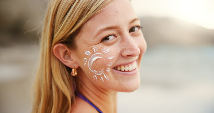 Beach, portrait and woman with sunscreen for skincare, uv protection or beauty at sunset. Ocean, sun cream and girl with spf cosmetics for healthy dermatology, adventure or travel to relax on holiday