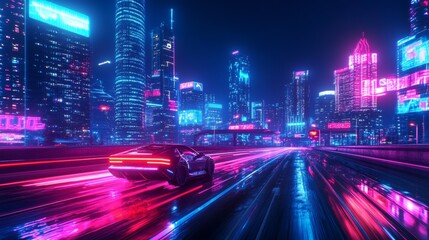 Obraz premium Future neon city. Urban road. Night lights on street cityscape. Blue metropolis landscape. Cyberpunk skyline. Futuristic downtown. Automobile drives by highway. Vector garish illustration