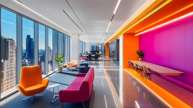 A creative office environment with colorful accents, modern furniture, and collaborative zones.