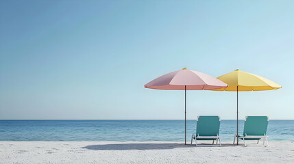 Pastel Beach Scene With Two Umbrellas And Chairs