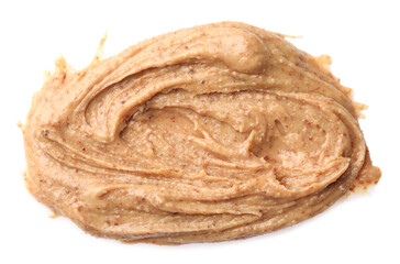Sample of tasty nut butter isolated on white, top view