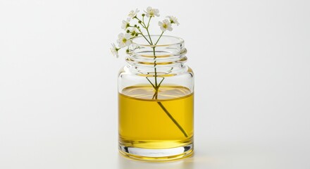 Clear Glass Bottle of Yellow Essential Oil with Delicate White Flowers on White Background