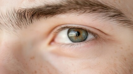 Obraz premium Close-up of a person's eye showing intricate details and natural colors in bright lighting indoors during the day.