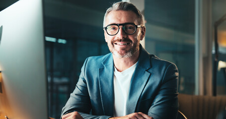 CEO, portrait and happy business man on computer at night for overtime, finance or investor....