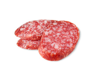 Pieces of delicious smoked sausage isolated on white