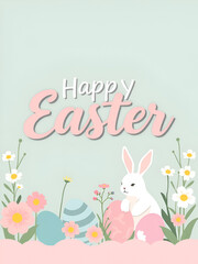 Fototapeta premium Happy Easter banner, poster, greeting card. Trendy Easter design with typography, bunnies, flowers, eggs, bunny ears, in pastel colors. Modern minimal style