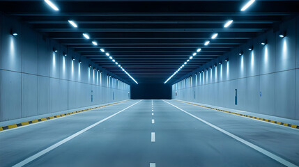 Obraz premium Long Blue Concrete Road Tunnel With Bright Ceiling Lights Leading To A Dark Exit