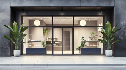 Office glass doors. Store windows. Front wall. Vitrine of commercial shop. Shopfront space. Display for retail. 3D room interior. Boutique forepart. Vector realistic neoteric background