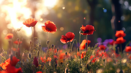 Obraz premium Red Poppies Field At Sunset