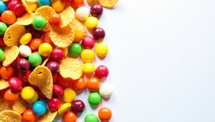 Obraz premium Pile of colorful candy, chips, and soda on white background, craving, tasty