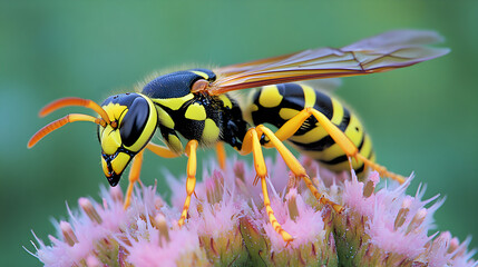 Close-up Shot of a Yellow Jacket Wasp Gathering Nectar from a Flower in a Natural Setting.
