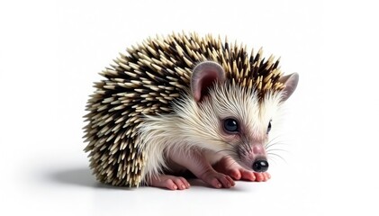 Obraz premium A tiny hedgehog, curled into a ball, isolated on pure white background , fauna, wildlife photography