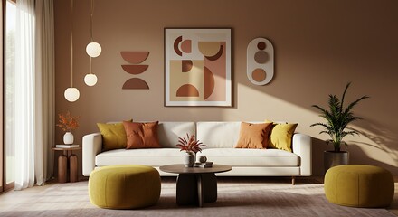 Fototapeta premium Minimalist, japandi home interior design of modern living room. Minimalistic living area with earthy tones, soft beige sofa, yellow and orange poufs and beige wall with soft lighting.