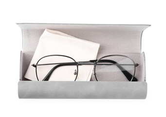 One grey case with glasses and lens cloth isolated on white, top view