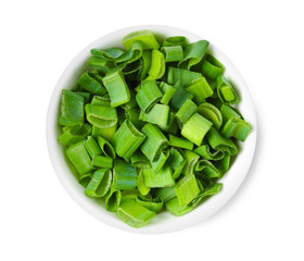Fresh chopped green onion in bowl isolated on white, top view