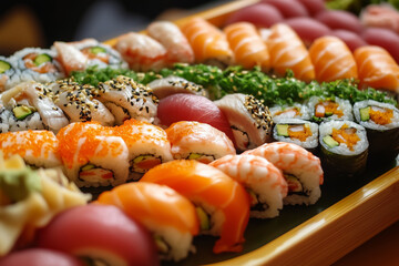 Assorted Sushi Platter with Various Rolls and Toppings Close Up
