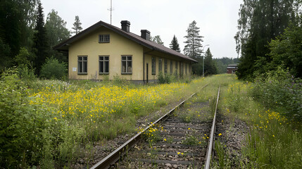 Fototapeta premium Abandoned Yellow Railway Station Building with overgrown tracks and wildflowers under overcast sky