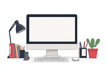Desktop Computer Setup Illustration with Books and Cactus for Home Office