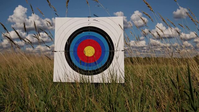 A low-angle video shot of a colorful archery target set against a field of tall grass, with a backdrop of a partly cloudy blue sky.