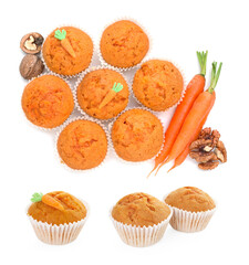 Yummy carrot muffins isolated on white, set