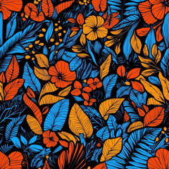 Vibrant floral seamless pattern with orange and blue tropical leaves and flowers, Summer textile seamless pattern background