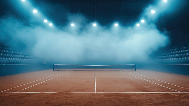 An empty tennis court under dramatic blue lighting, shrouded in a mystical fog, awaits the thrill of a championship match.