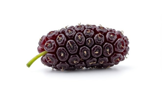 Closeup of a Ripe Dark Purple Mulberry on White Background