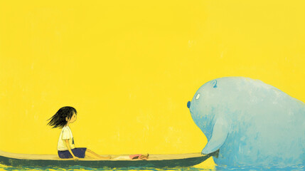 **a little girl with her blue imaginary friend in a gondola ride --ar 16:9 --p obna68n** - Image  AI generated 