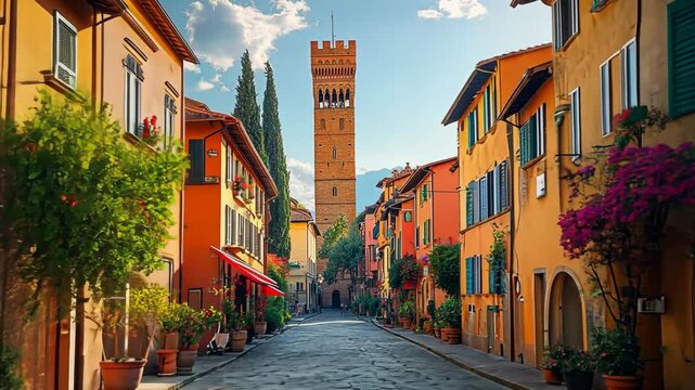 Wander through a picturesque street lined with vibrant buildings and lush greenery. A historic tower stands majestically, bathed in warm sunlight, inviting exploration and admiration.