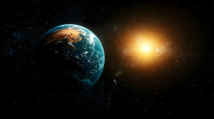 Pixelated Earth And Sun In Deep Space With Glowing Stars Illustrating Digital Cosmic Concept