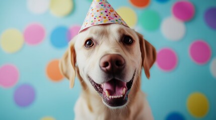 Dog in party hat beams with joy, celebrating life's simple pleasures
