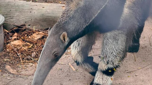 A giant anteater is walking out to eat food that people have brought. The camera angle is taken from outside the cage.