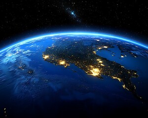 Earth from space highlighting the lights of the inhabited areas