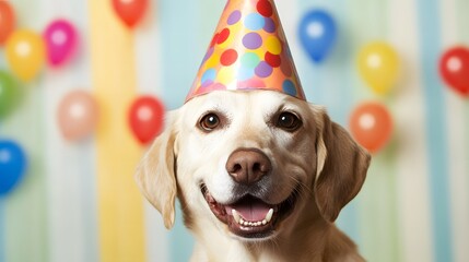 Dog in party hat beams with joy, celebrating life's simple pleasures