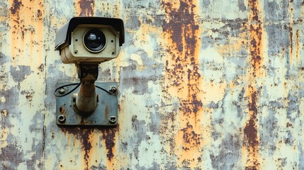 Rusty wall with vintage cctv camera urban environment retro photography nostalgic vibe