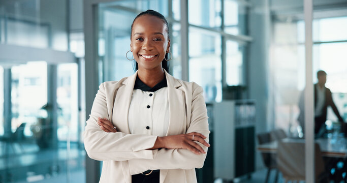 Arms crossed, human resources and portrait of business black woman in office for onboarding or recruitment. Hiring, interview and smile of employee in professional workplace for personnel management