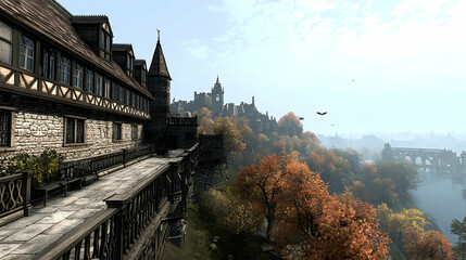 Obraz premium Panoramic View of Historical Stone Building with Red and Orange Trees along a Ridge on a Sunny Autumn Day