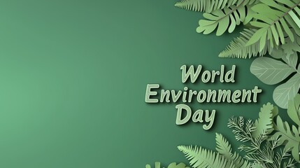 Fototapeta premium World Environment Day poster with green leaves and text on gradient green background, promoting eco friendly awareness