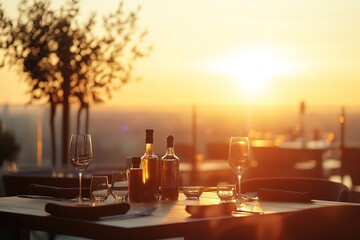 Summer evening sun blur golden hour hot sky at sunset with city rooftop view in the background fuzzy urban warm bright heat wave lights skyline heatwave bookend for evening party, 32k REsolution