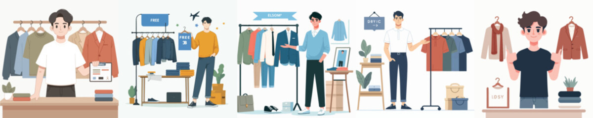 vector of young man selling clothes