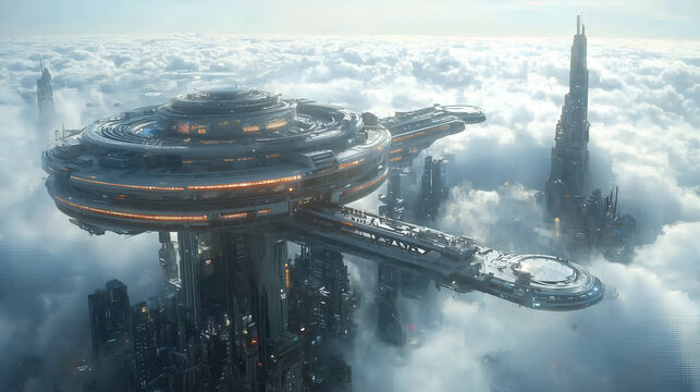 Futuristic Sky Cityscape: Hovering Spaceship and Surreal Architecture in a Dreamlike Urban Landscape
