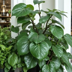 Lush green indoor plant with heart-shaped leaves in a pot.