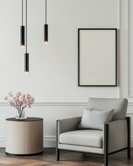 Modern minimalist living room with pendant lights, armchair, and artwork.