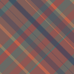 Abstract plaid pattern in earthy tones of red, orange, green, and blue, diagonal lines, seamless background, modern design