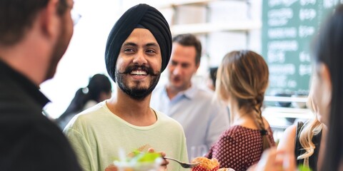 A man in a turban smiles at a social gathering. People chat and enjoy food in a lively atmosphere....