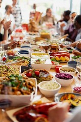 A diverse group enjoys a vibrant feast. The table is filled with colorful dishes, salads, and desserts, creating a lively and festive dining atmosphere. Table with international spread of food dishes.