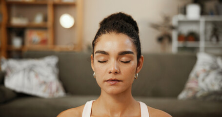 Woman, home and meditation exercise for healing spirit, mindfulness and activity for stress relief....